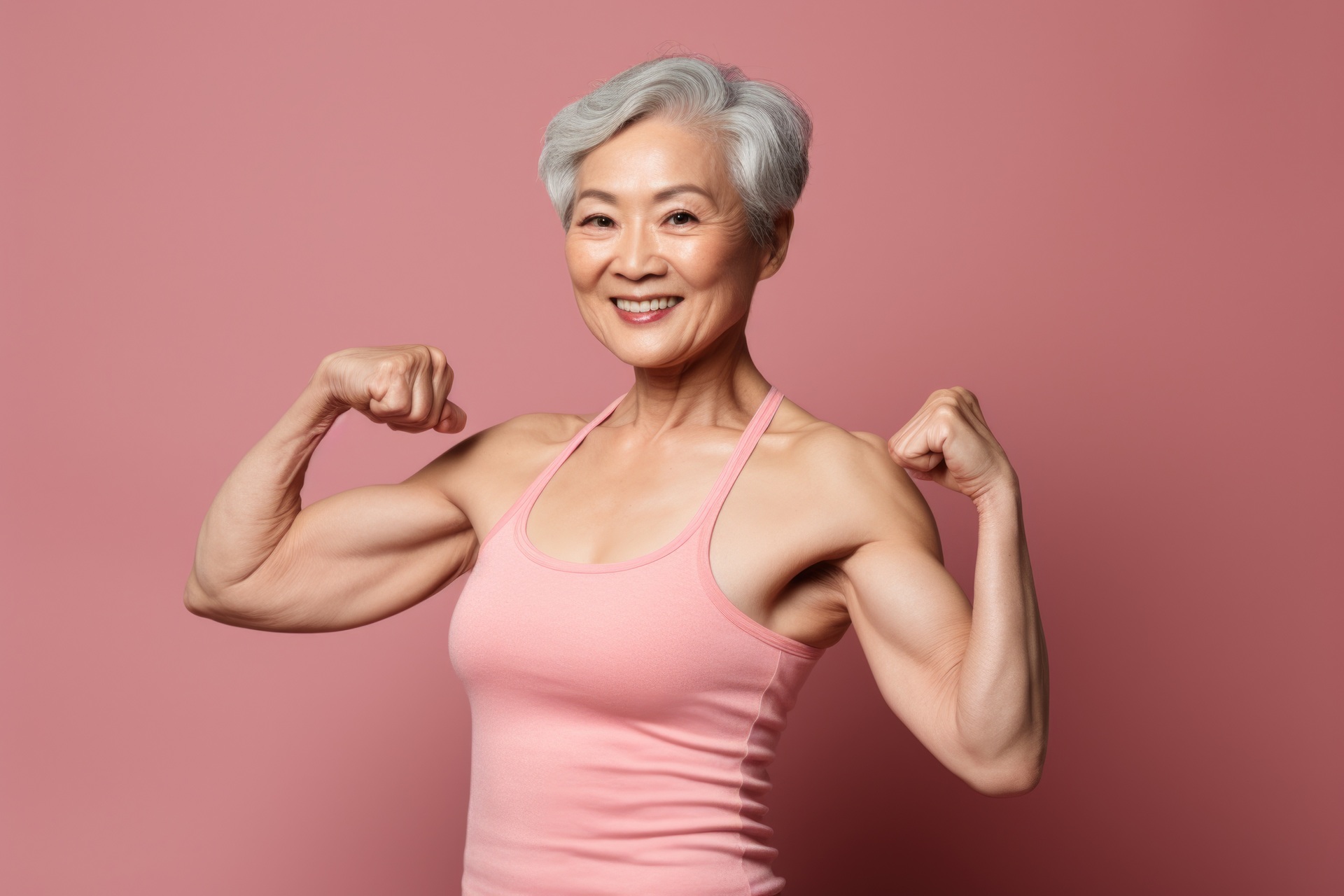 An older woman showcasing her strength by flexing her muscles on a vibrant pink background. Suitable for fitness and wellness-related designs.